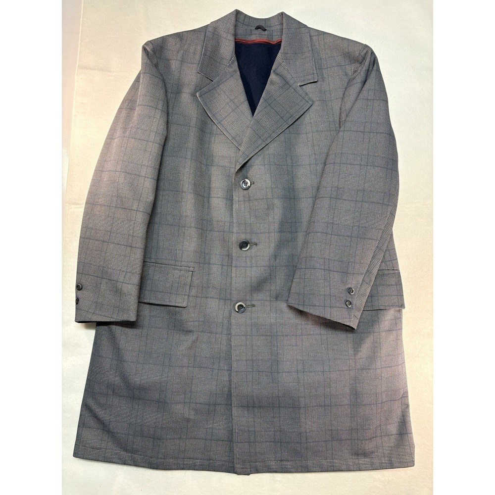 VTG 70s Sears The Mens Store Travelknit Overcoat Gray Glen Plaid Trench Coat 46R